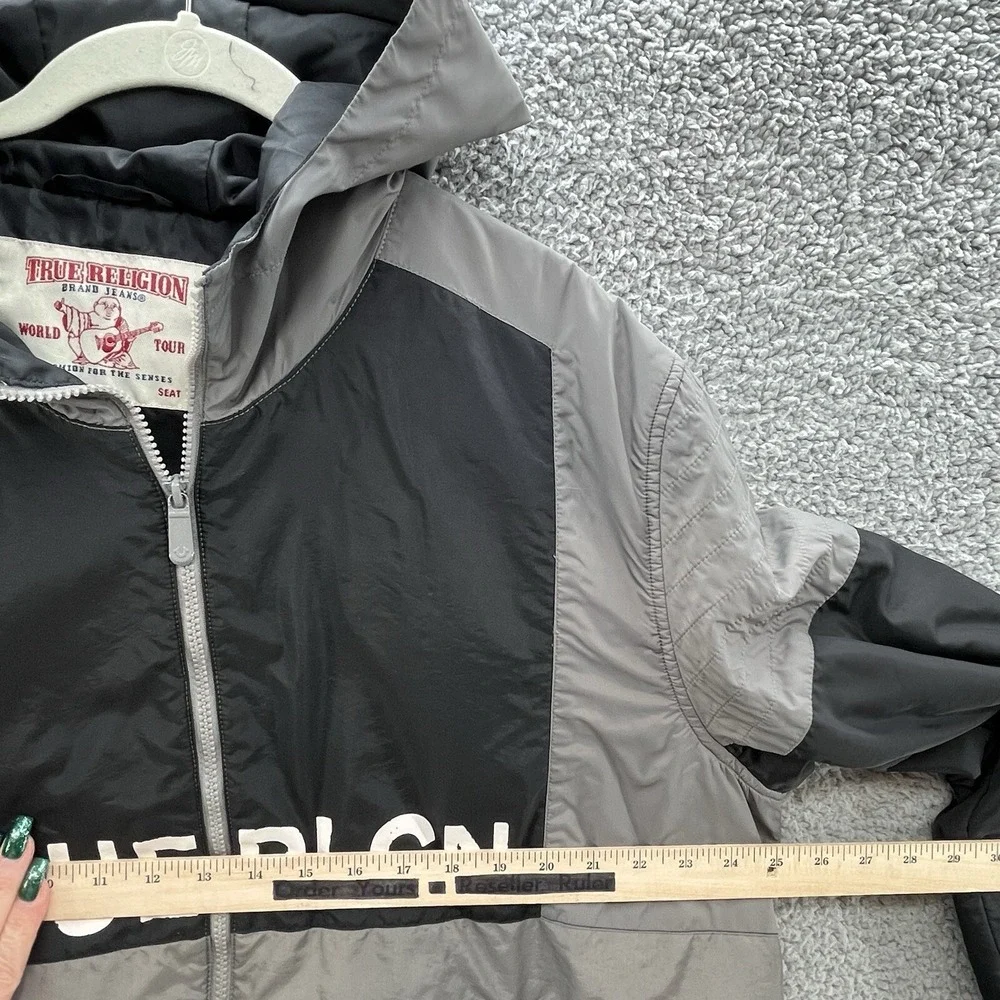True Religion Jacket Men 2XL Gray Black Spellout Logo Full Zip Outdoor Windbreak